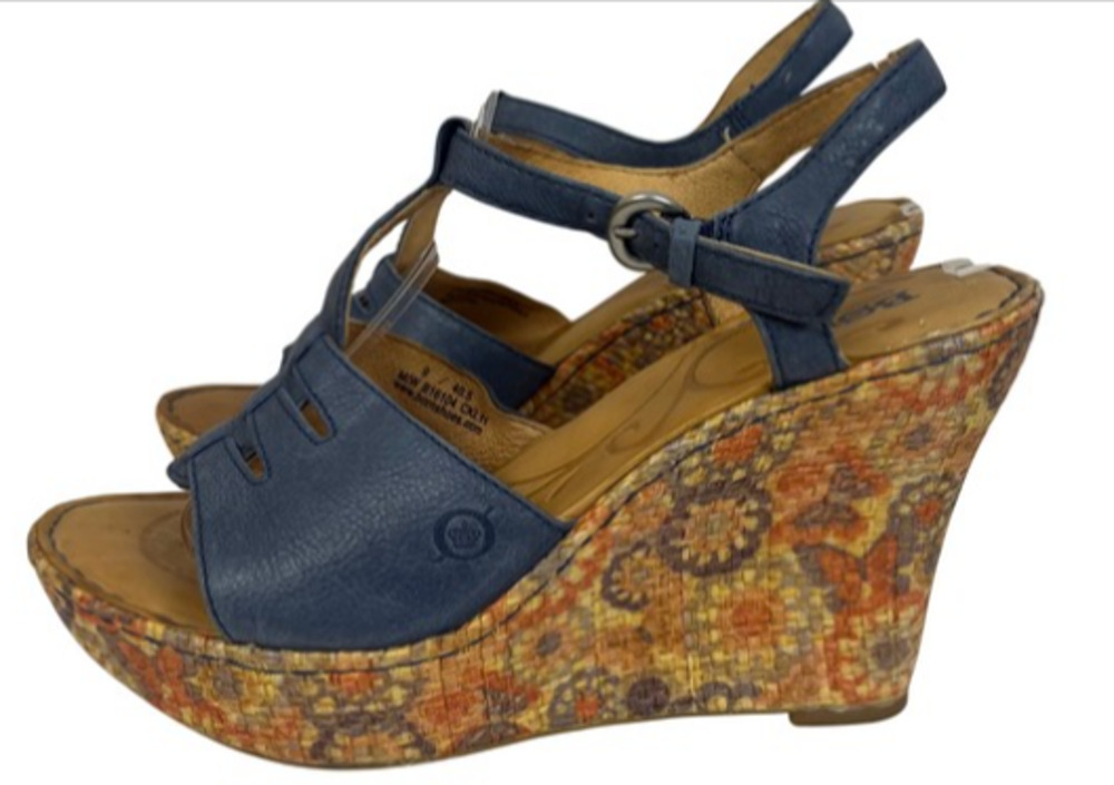 Born Rebecka Wedge Sandals Womens Size 39/ US 8.5 Blue Leather Floral Boho